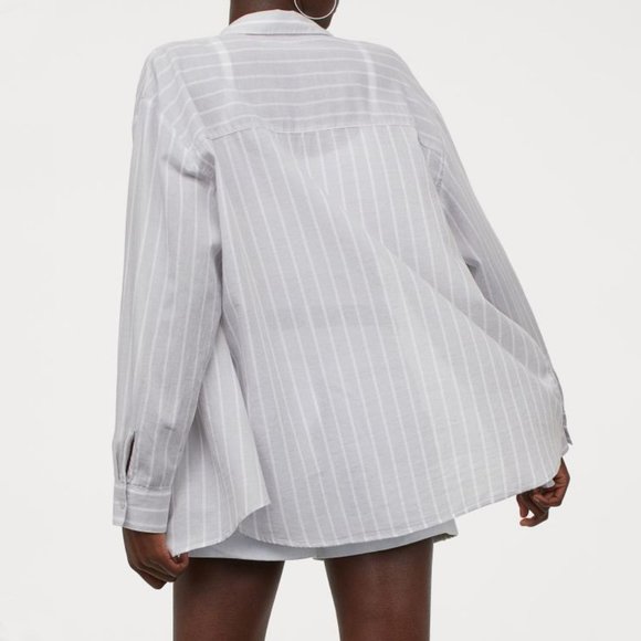 H&M grey white stripe cotton button down casual over shirt - Picture 7 of 9